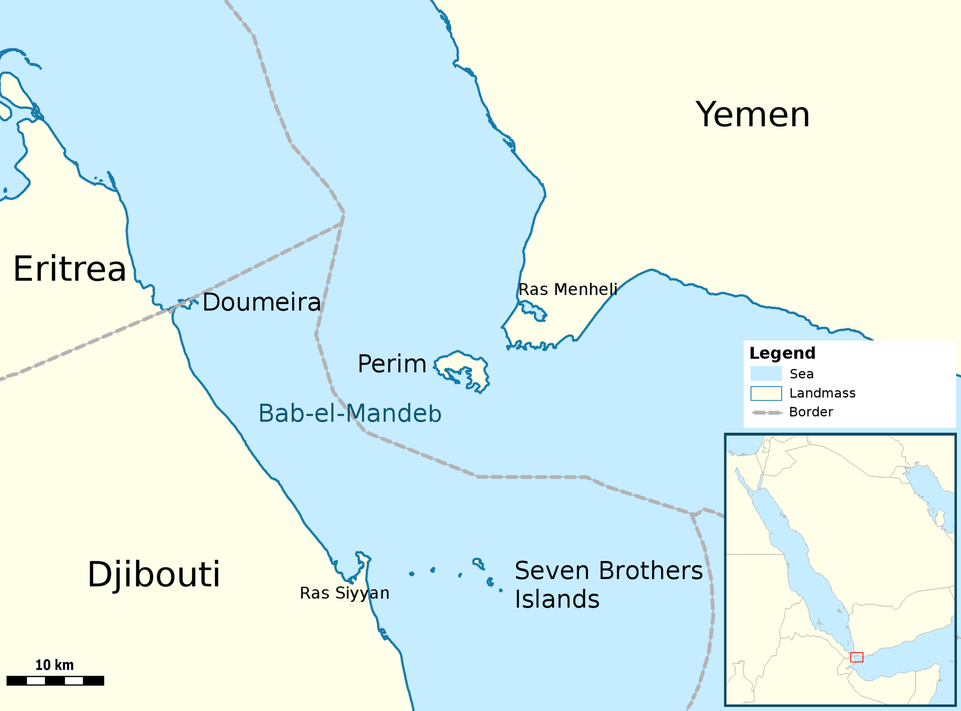 Map of the Bab-el-Mandeb strait between Yemen, Eritrea and Djibouti, showing Perim island