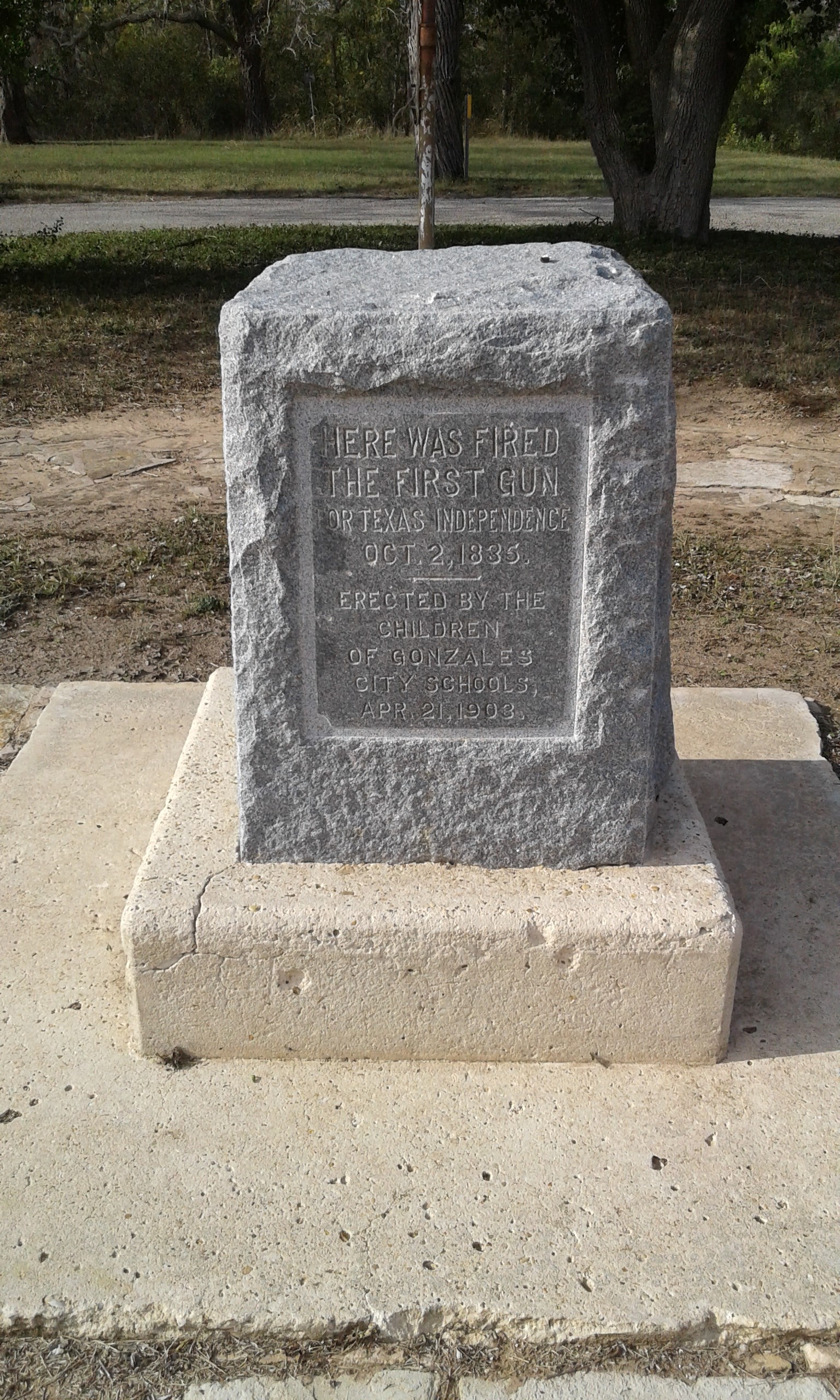A granite memorial marker near the site of the Battle of Gonzales