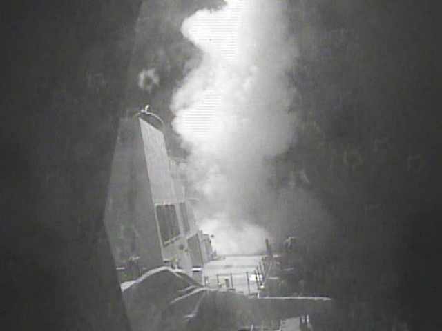 The destroyer USS Nitze launches a missile at Houthi coastal radar sites in 2016