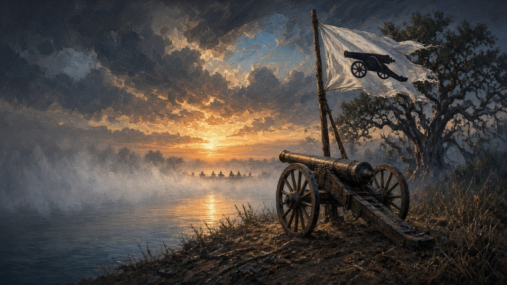 Painterly illustration of a frontier cannon beside a foggy river at dawn, with a white flag showing a black cannon