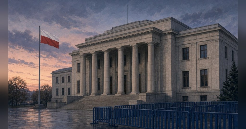 Illustration of a generic court building with a Polish flag and police barriers (not a photo)