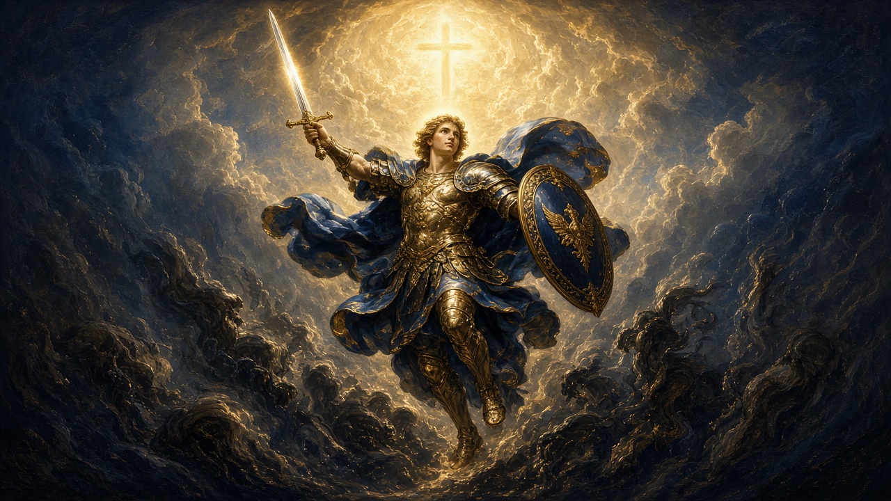 St. Michael the Archangel with sword and shield, driving back the darkness under a glowing cross